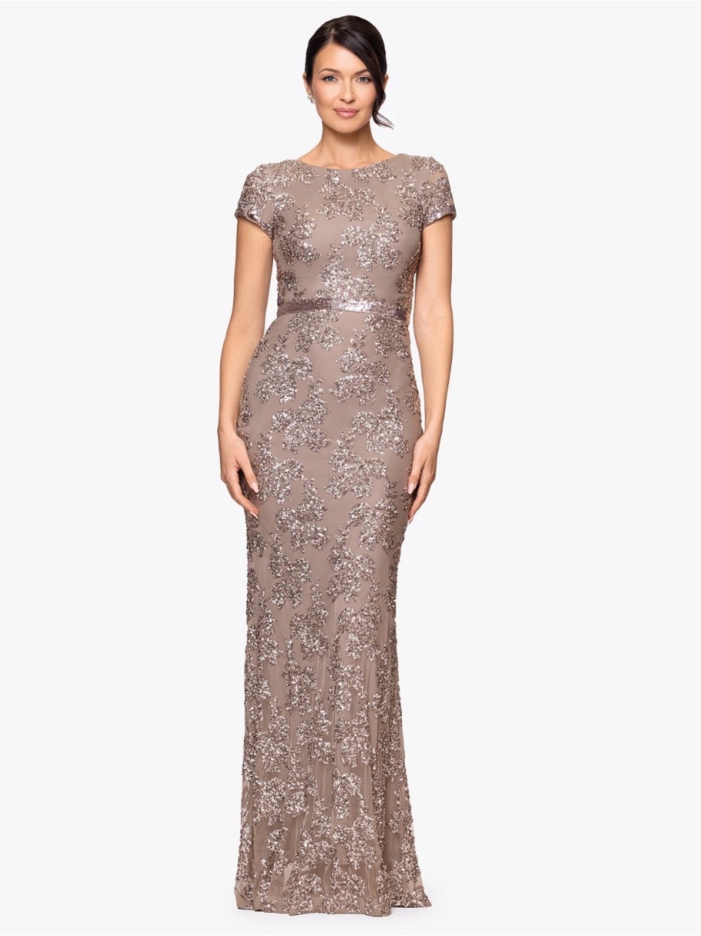 Betsy & Adam Taupe Sequin Embellished Cap Sleeve Maxi Dress